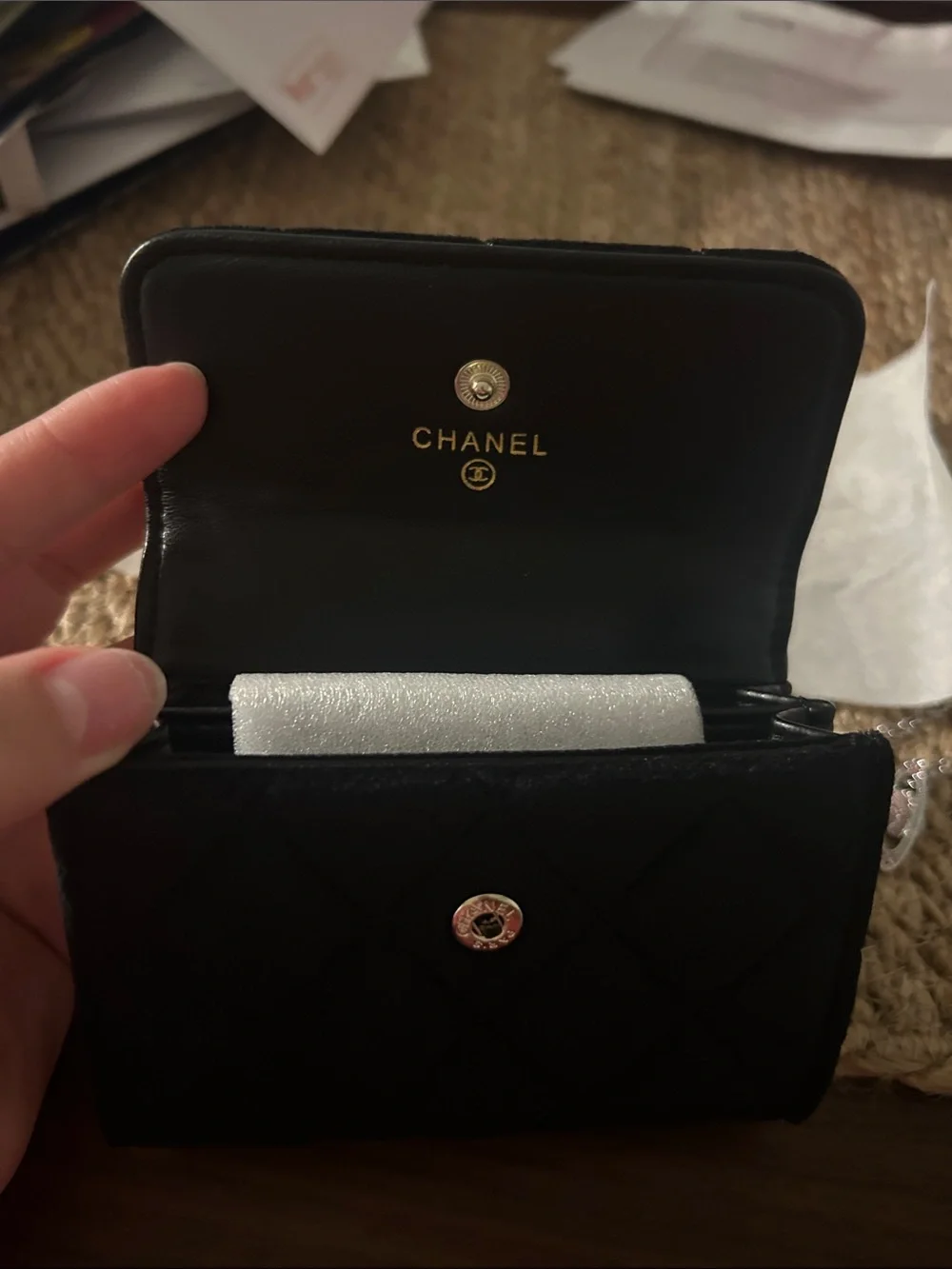 CHANEL Black Quilted Mini Wallet with Gold CC Emblem